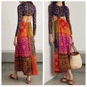 NEW FARM Rio Bandana Dream Multicolor Cut Out Maxi Dress Long Sleeve Boho M NWT